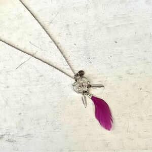 Silver tone pink feather  heart BFF charm necklace